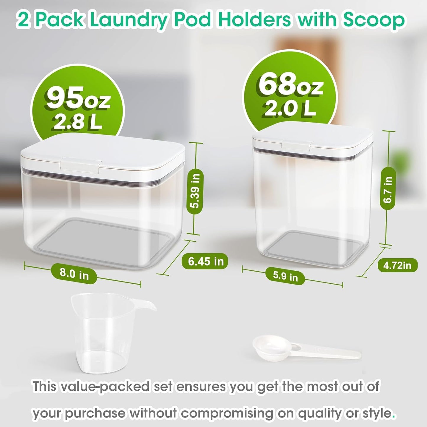 2 Pack Laundry Pods Container with One-Click Pop-up Lid, 95 oz + 68 oz Laundry Room Detergent Storage Container for Laundry Powder, Scent Booster, Dryer Sheet, Dryer Ball, Dishwasher Pod Holder