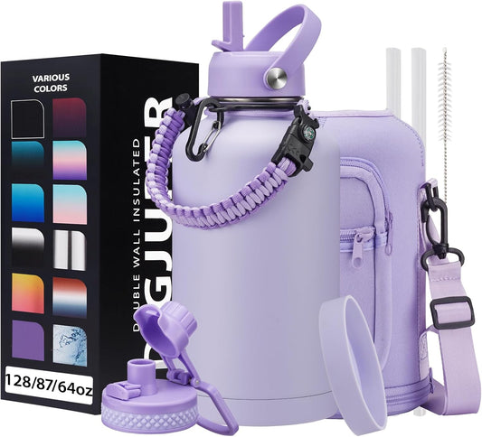 Half Gallon Water Bottle Insulated - 64 oz Water Bottle with Carrying Sleeve, Paracord Handle, Straw Spout Lid, Leak-proof Metal Hydro Water Jug for Workout Sport Hiking Gym, Purple Big Flask Thermo