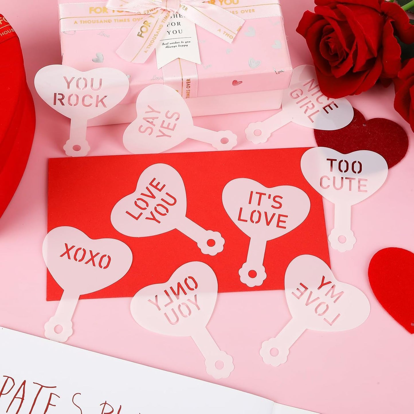 JULBEAR Valentine's Day Cookie Stencils, 36 Pieces Valentine's Conversation Heart Cookie Coffee Stencils for Cookies Baking Coffee Decoration Valentine's Day Party Heart Love Phrase Sign Crafts