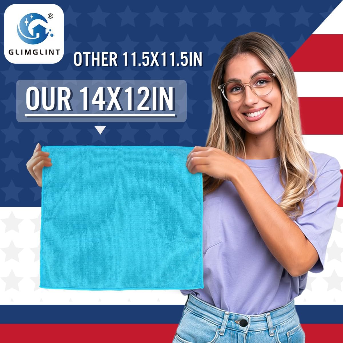 GLIMGLINT Microfiber Cleaning Cloth, 12 Pack Cleaning Rags, Cleaning Towels with 3 Color Assorted, 14"X12"(Yellow/White/Blue)