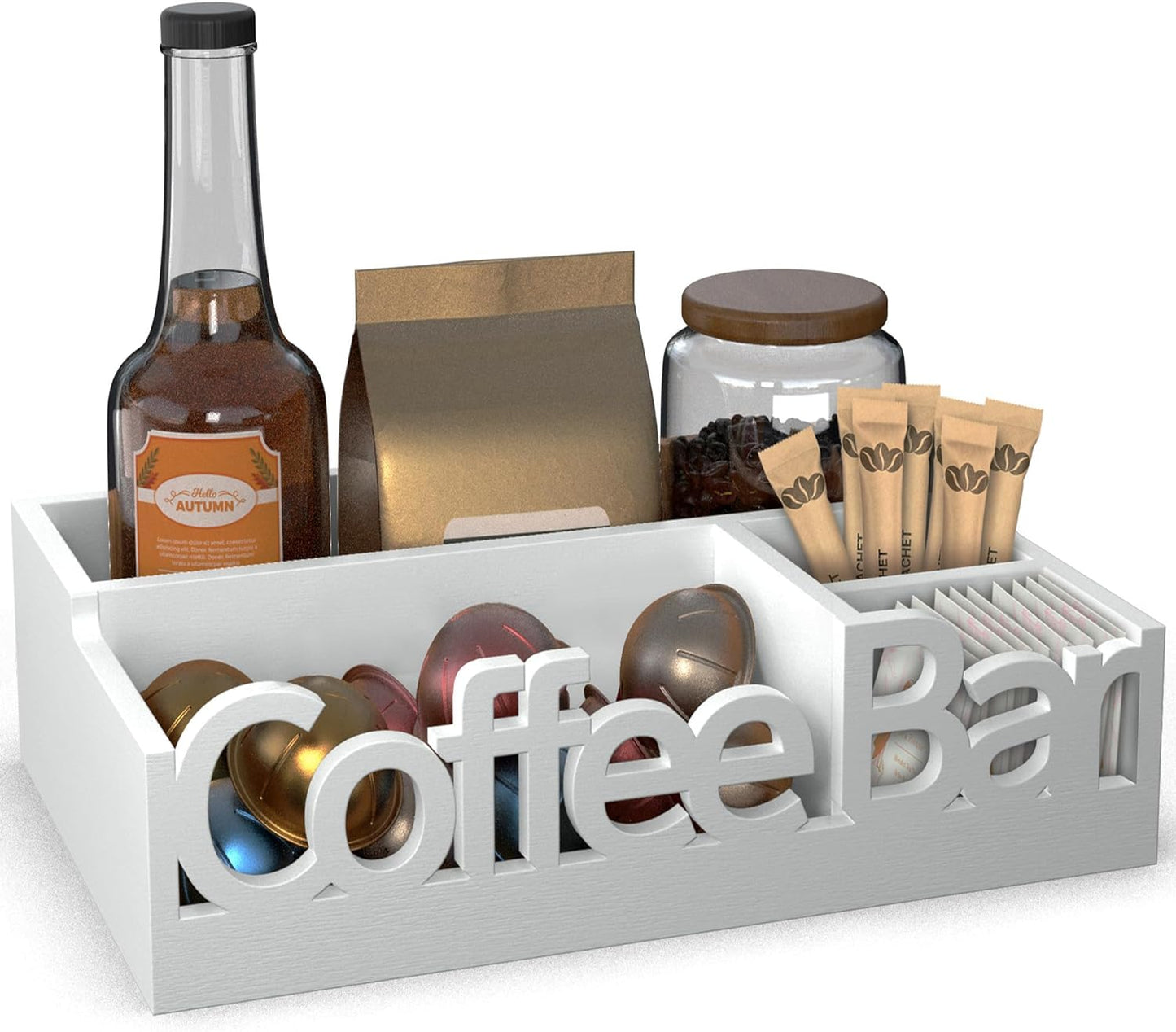 Coffee Bar Organizer for Countertop – Wooden Coffee Station Caddy with Compartments for Pods, Condiments, Tea, and Accessories – Home and Office Mini Coffee Station Organizer (White)
