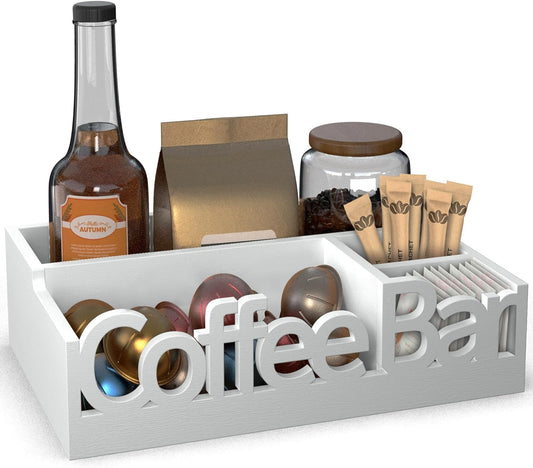 Coffee Bar Organizer for Countertop – Wooden Coffee Station Caddy with Compartments for Pods, Condiments, Tea, and Accessories – Home and Office Mini Coffee Station Organizer (White)