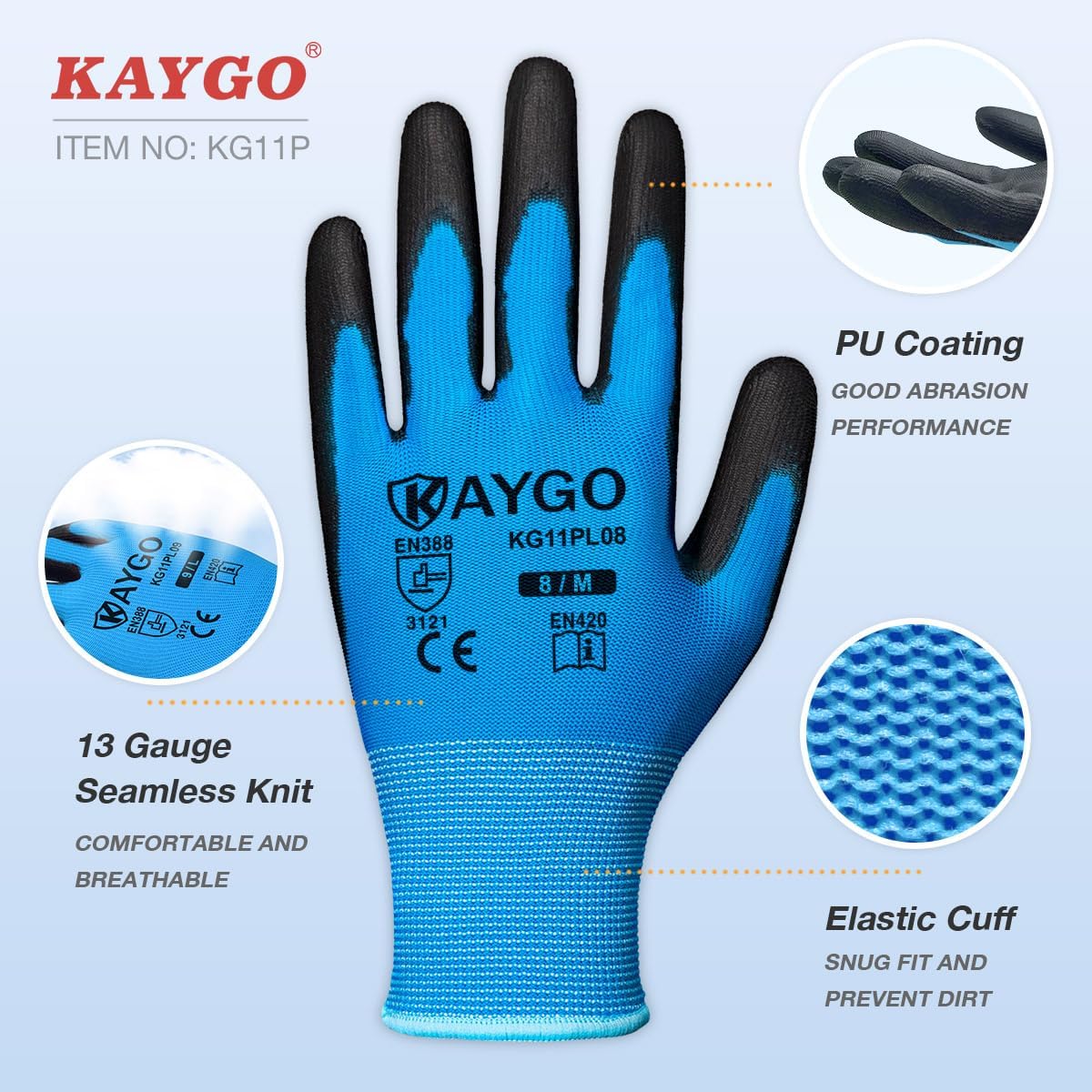 KAYGO Safety Work Gloves PU Coated-12 Pairs, KG11PB, Seamless Knit Glove with Polyurethane Coated Smooth Grip on Palm & Fingers, for Men and Women, Ideal for General Duty Work (XX-Large,Blue)