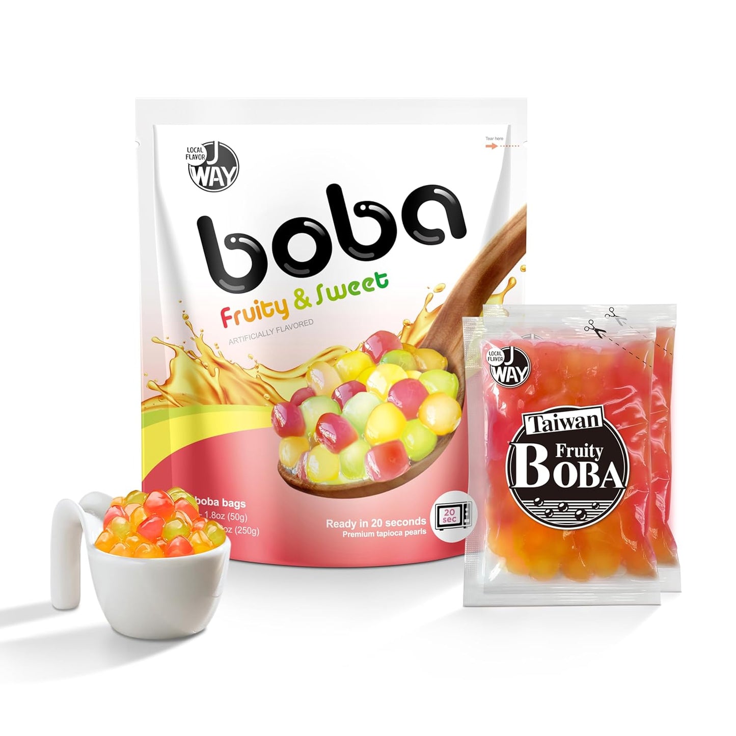J WAY BOBA Authentic Instant Tapioca Boba Pearls for Milk Tea, Smoothies and Desserts, Tropical Fruit Flavor (Ready in Just 20 Seconds) - 5 Servings