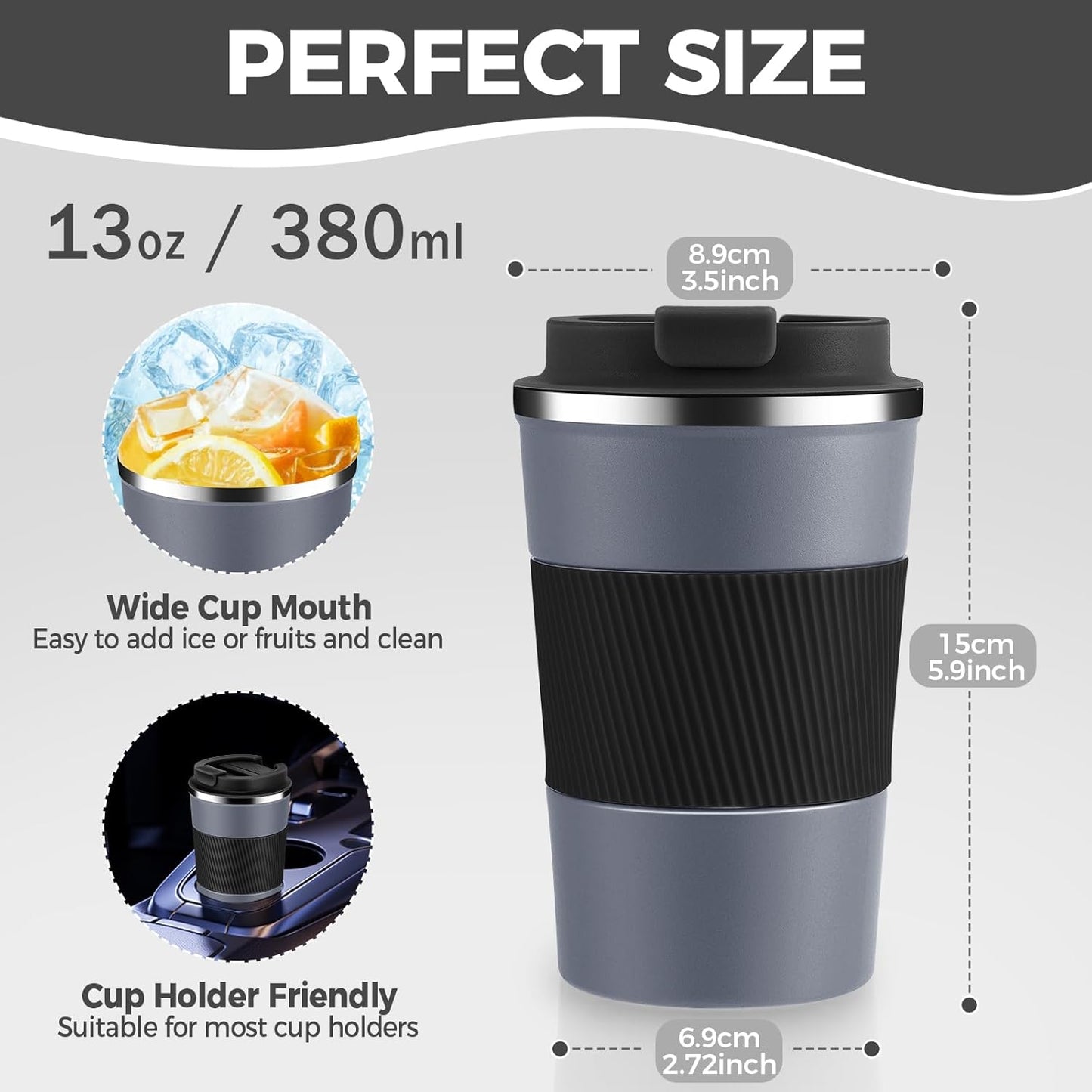 Volhoply 13 oz Stainless Steel Insulated Travel Coffee Mug with Fip Lid Bulk 2 Pack,Reusable Double Wall Vacuum Metal Coffee Cup,Portable Leak Proof Thermal Tumbler for Hot & Cold Drinks(Gray,2)