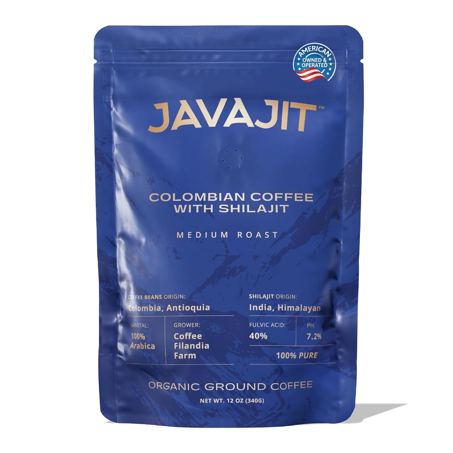 Colombian Coffee with Shilajit – Medium Roast Organic Ground Coffee, Energy & Immunity Boost, 250mg Himalayan Shilajit per Serving, 16 Servings