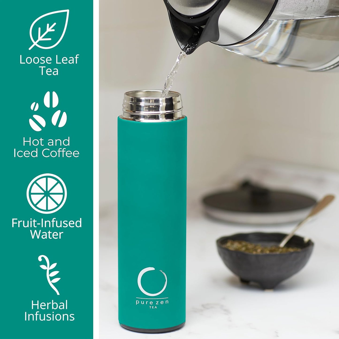 Pure Zen Tea Thermos with Infuser for Hot and Cold Infusions - Stainless Steel - Tea Infuser Bottle - Leakproof Travel Mug with Filter - 15oz