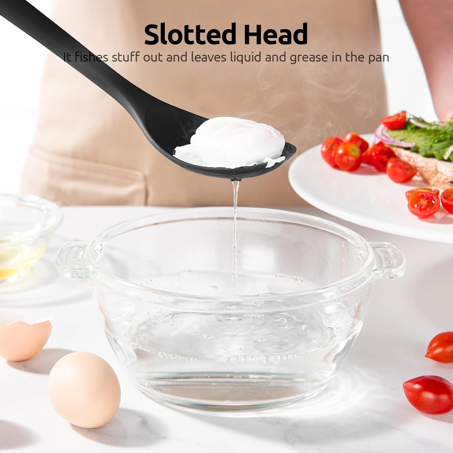 600ºF Heat Resistant Silicone Spoons: U-Taste 13.3in Solid & Slotted Kitchen Cooking Spoon, Nonstick Long Rubber Utensil, Sturdy for Mixing, Serving, Stirring, Frying, Draining (Black, 2PCS)