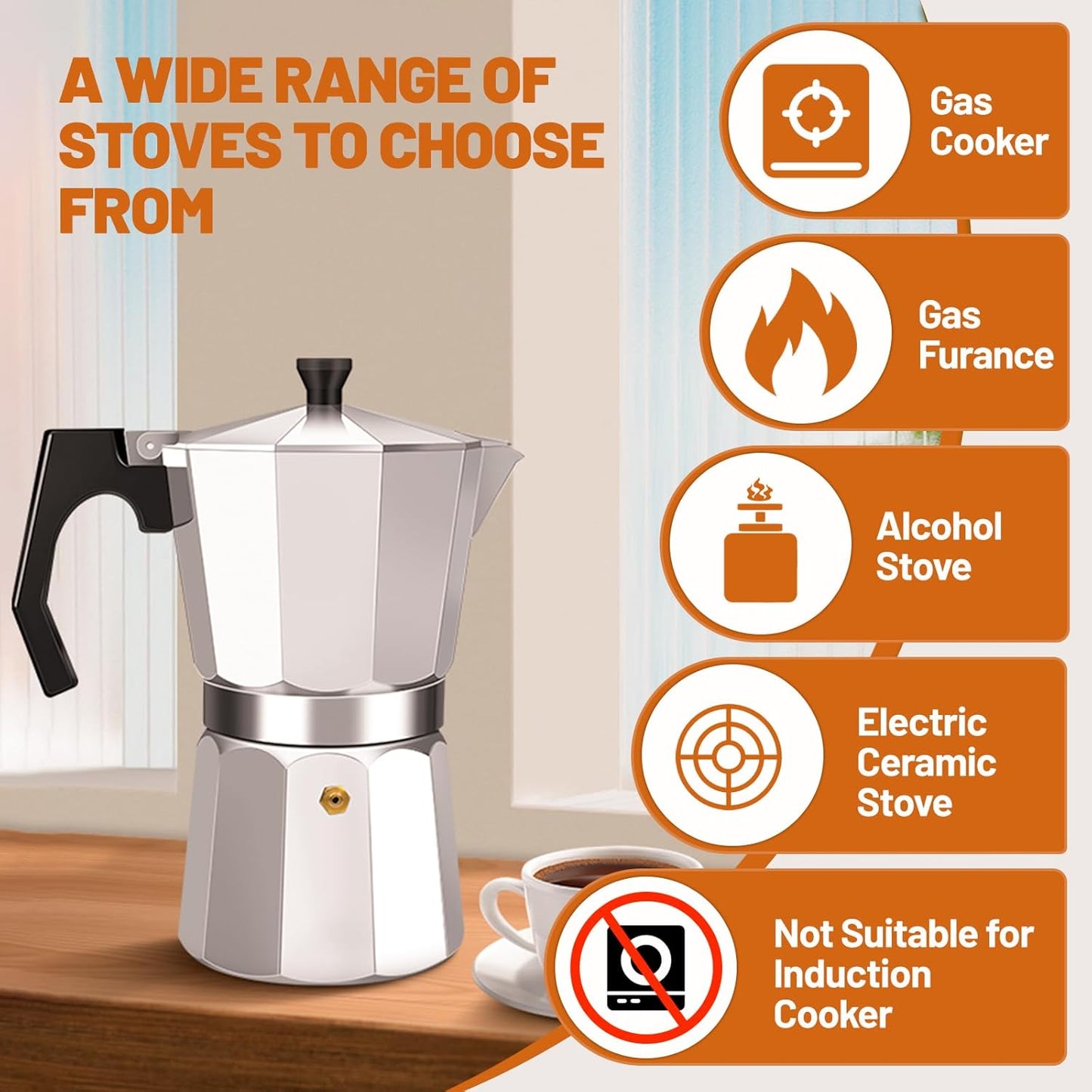 9 Cup Aluminum Espresso Stovetop Moka Pot Express Coffee Maker Percolator Italian Classic Mocha Coffee Machine for Italian and Cuban Cafe Brewing for Home & Camping 450ml 15oz