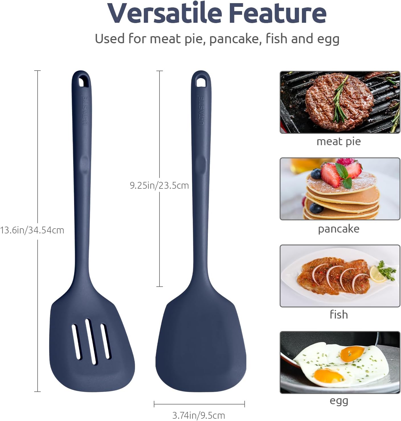 600ºF Heat Resistant Silicone Turners: U-Taste 13.6in Long Solid & Slotted Kitchen Spatula Flipper, Food Grade Wide & Large Flexible Cooking Utensils for Flipping Eggs, Pancakes (Midnight Blue, 2PCS)