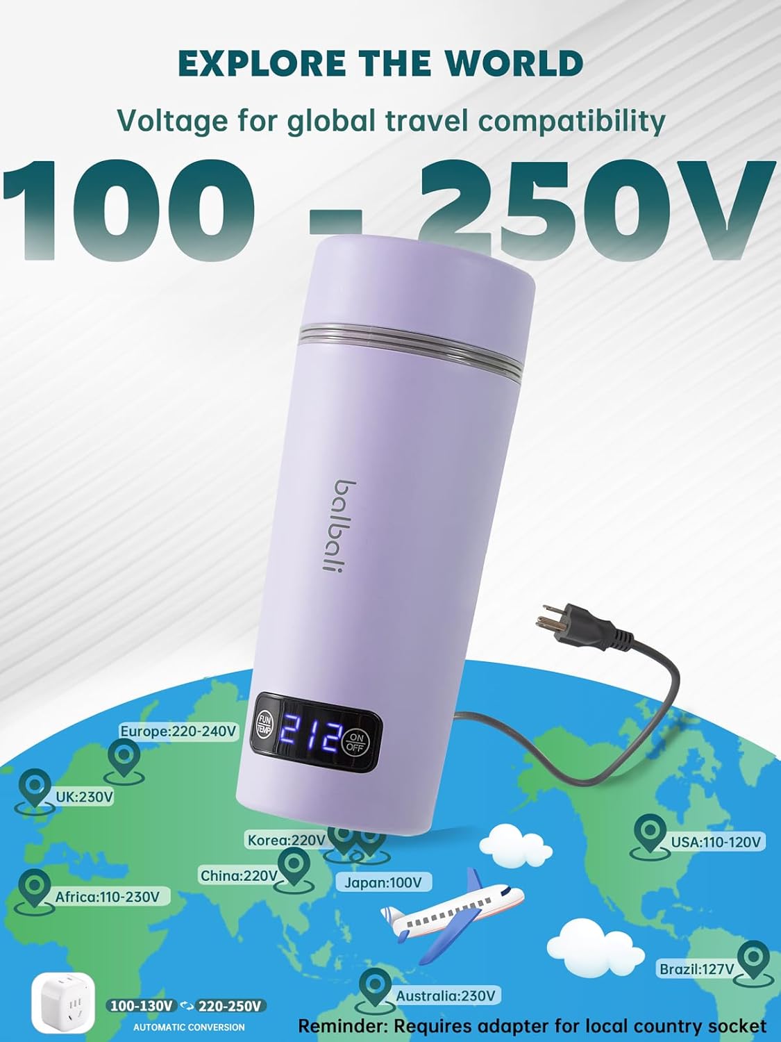 balbali Dual Voltage Travel Kettle 100-250V - 12oz Portable Water Boiler/Warmer/Heater for Boiling Water - 4 Preset Temperature Control Portable Tea Kettle Electric Travel - Purple