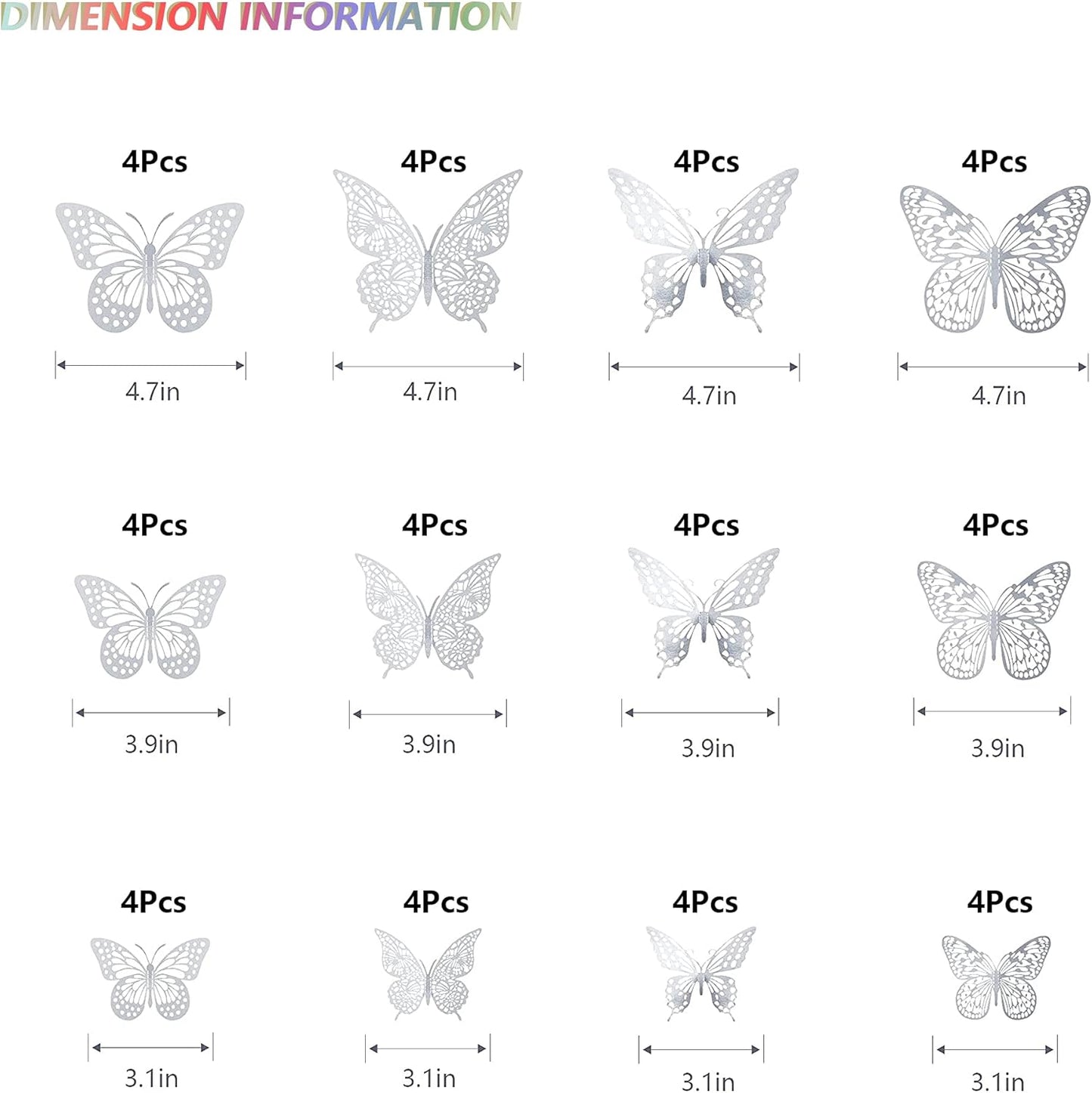 SAOROPEB 3D Butterfly Wall Decor, 48 Pcs 4 Styles 3 Sizes, Removable Metallic Wall Sticker Room Mural Decals for Kids Bedroom Nursery Classroom Party Decoration Wedding Decor DIY Gift (Sliver)