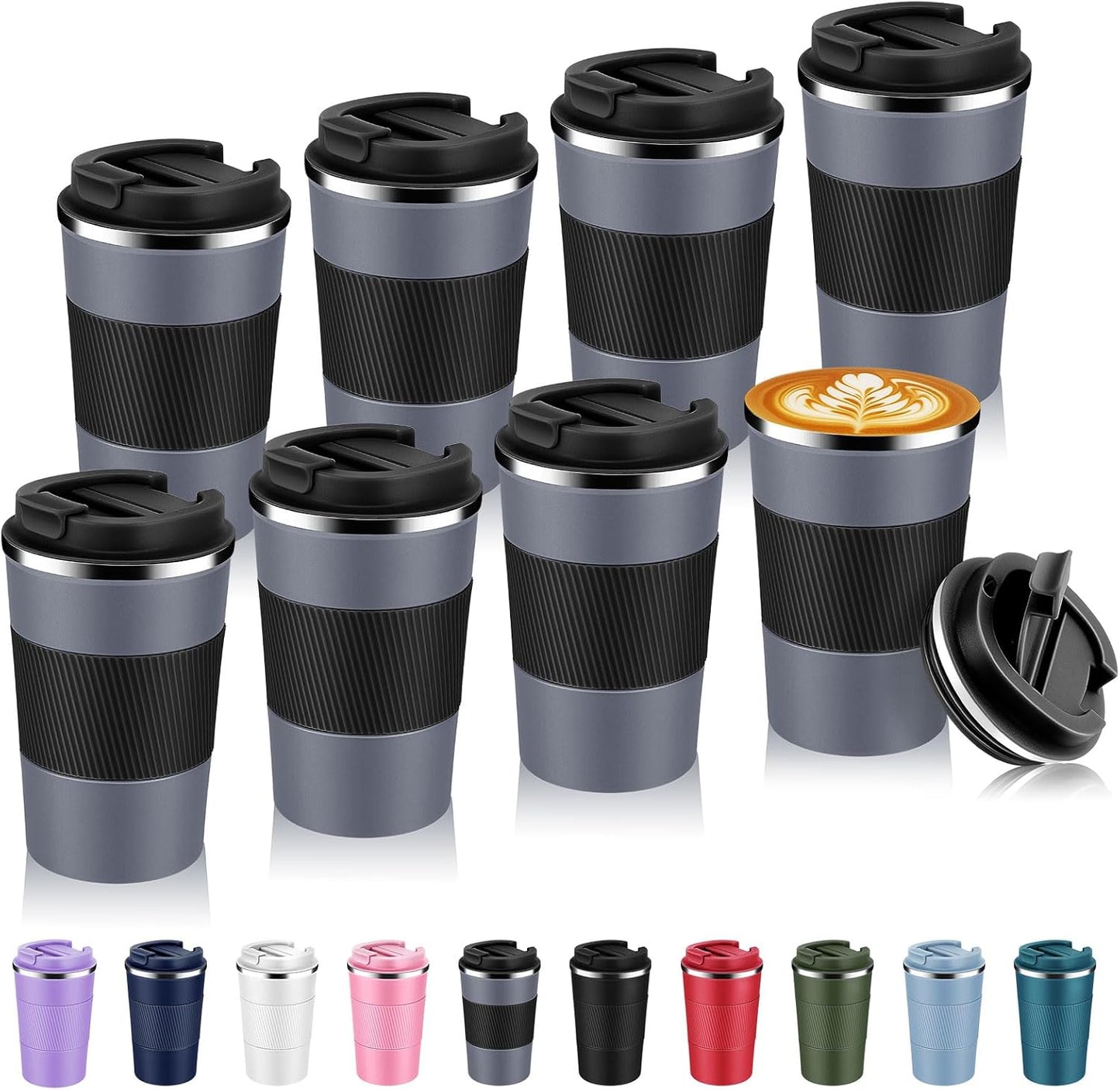 Volhoply 13 oz Stainless Steel Insulated Travel Coffee Mug with Fip Lid Bulk 8 Pack,Reusable Double Wall Vacuum Metal Coffee Cup,Portable Leak Proof Thermal Tumbler for Hot & Cold Drinks(Gray,8)