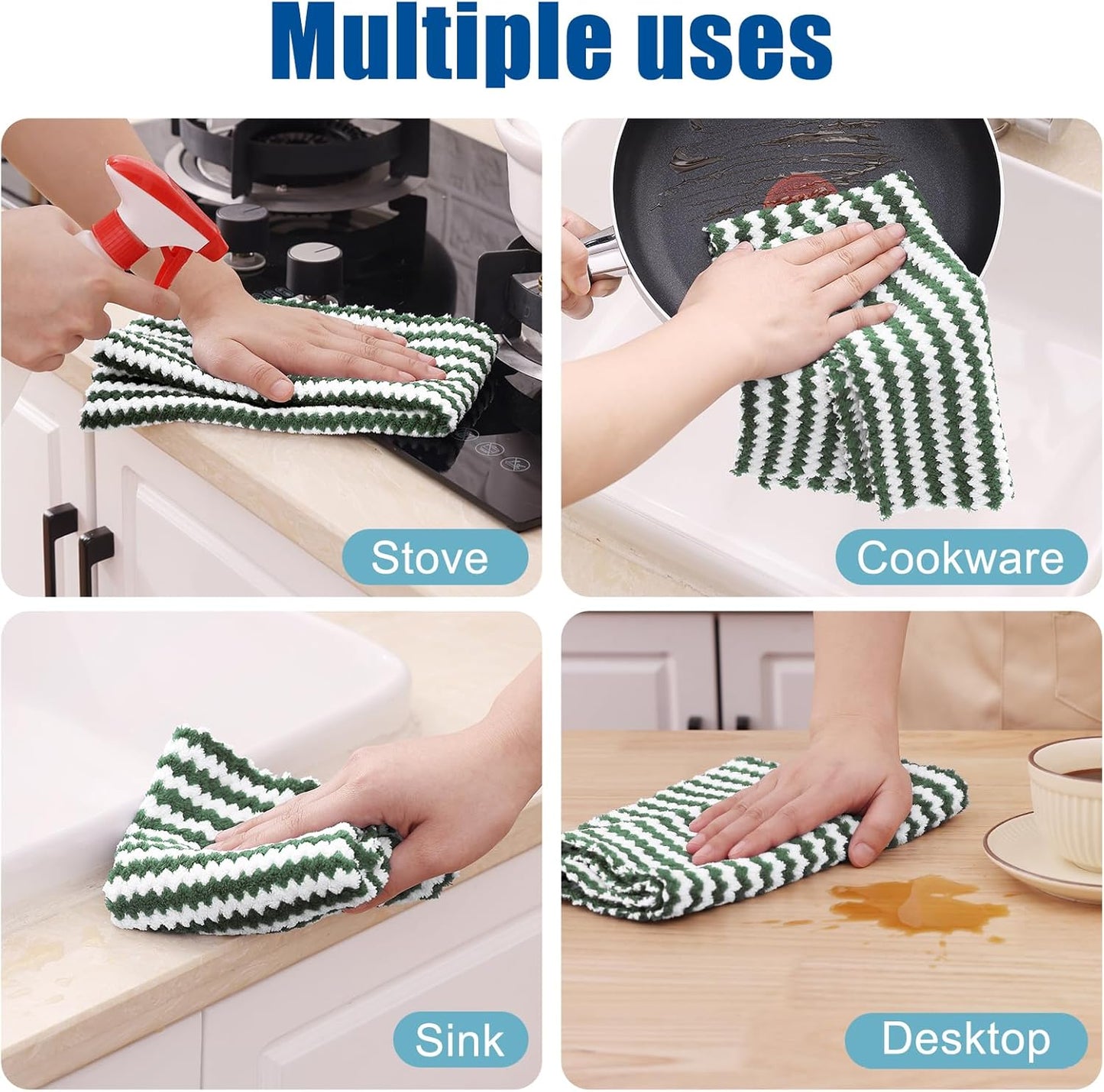 Homaxy Kitchen Towels(24 Pack, 10 x 20 inches), Ultra Soft and Absorbent Dish Towels, Reusable Fast Drying Microfiber Cleaning Cloth, Coral Velvet Wave Design No-lint, Grass Green