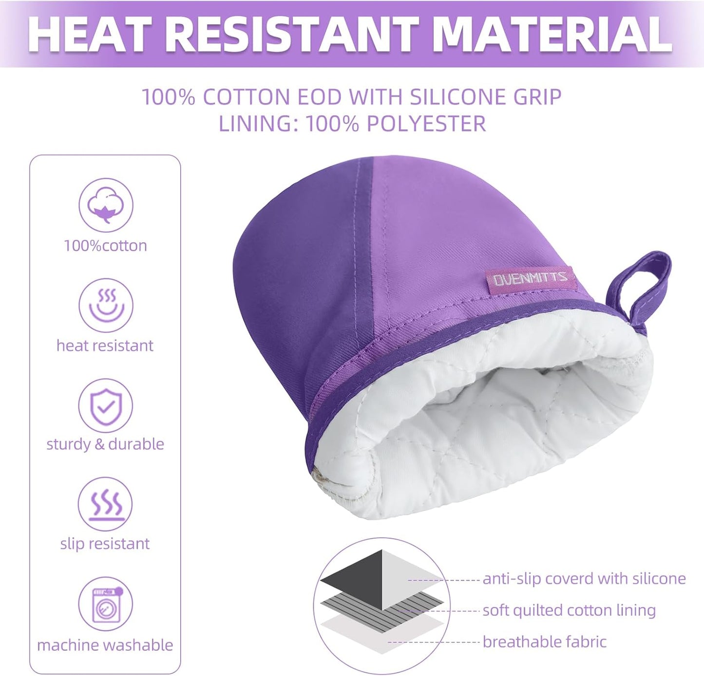 Mini Oven Mitts, Kitchen Oven Gloves Kitchen Mittens 500 Degrees Heat Resistant Baking Gloves, Non-Slip Silicone Surface with Hanging Loops Hot Gloves for Cooking, Baking, BBQ 1 Pair-Purple