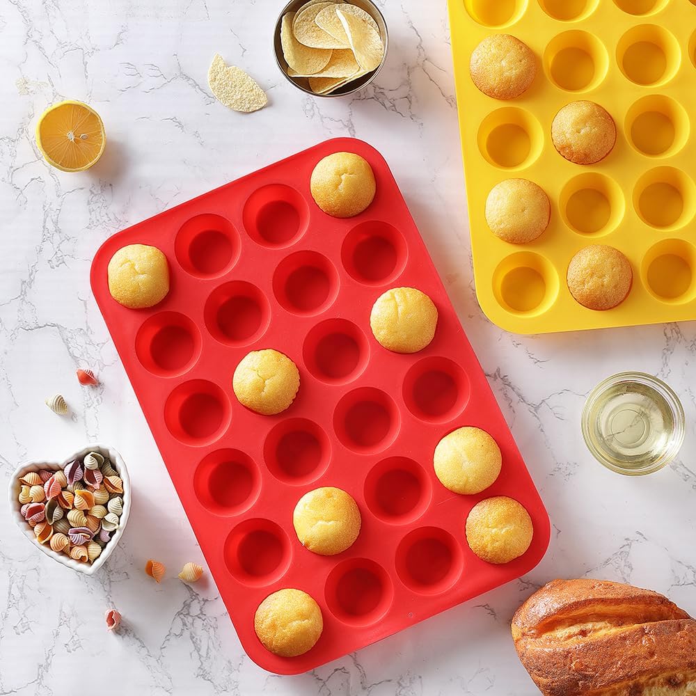 2PCS Silicone Mini Muffin Cupcake Pan, Non-Stick 24-Cavity Silicone Muffin Pans for Baking, Great for Making Muffin, Cakes, Tart, Bread, BPA Free, Dishwasher Safe (Red+Yellow)