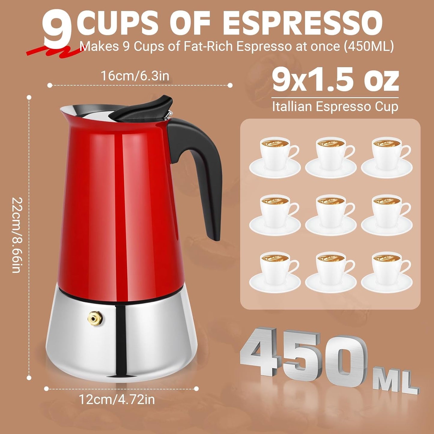 Moka Pot, 9 Cups (15.9 oz) Stovetop Espresso Maker, 304 Stainless Steel Moka Pot, Induction Compatible, Red