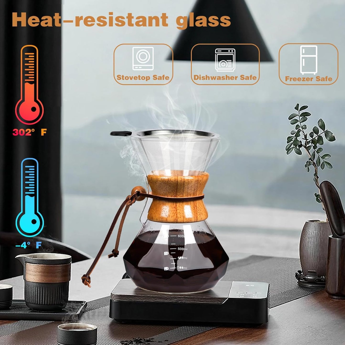 Pour Over Coffee Maker with Reusable Stainless Steel Drip Filter, Lead-Free Borosilicate Glass Coffee Carafe with Modern Wooden Collar for 1-4Cup, Diamond Clear (600ml/20oz)