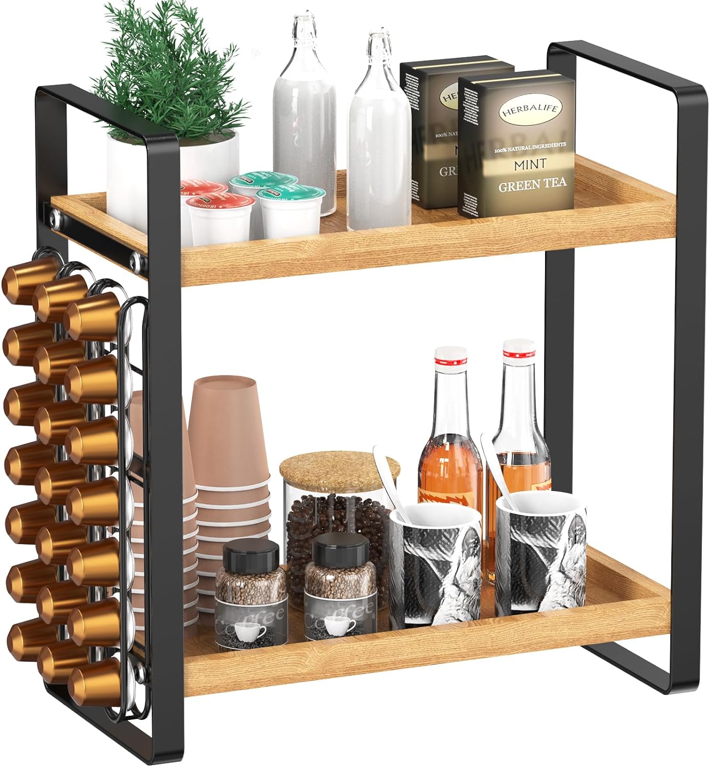 LEMIKKLE Coffee Station Organizer,Compatible with Nespresso Classic Pods 24pcs, Coffee Bar Accessories and Cup Storage Organizer, Wood Counter Shelves for Kitchen, Office, Countertop