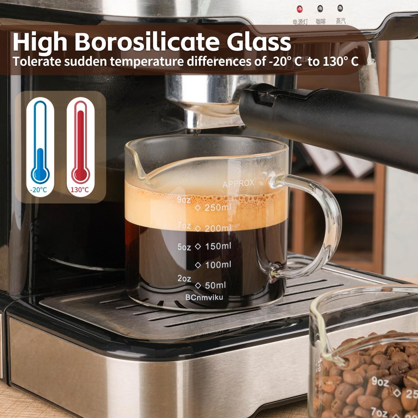 BCnmviku Espresso Cup Measuring Cup Triple Pitcher Milk Cup 250ML/8.5OZ Espresso Cups with Handle Shot Glass with V-Shaped Mouth Clear Accessories Milk Frothing Pitcher (1)