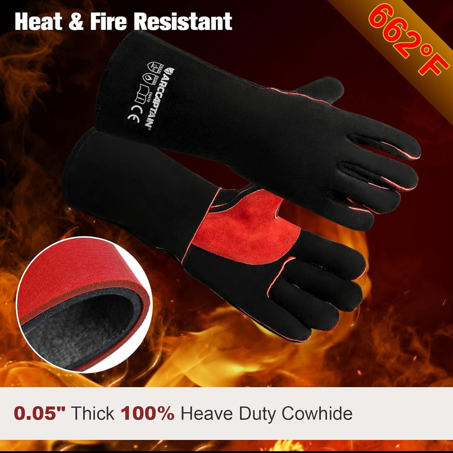 ARCCAPTAIN Leather Forge Welding Gloves, Heat/Fire Resistant 16 inches Gloves for Stick,Mig,Tig,Forge,BBQ,Grill,Fireplace,Wood Stove,Furnace,Oven,Pot