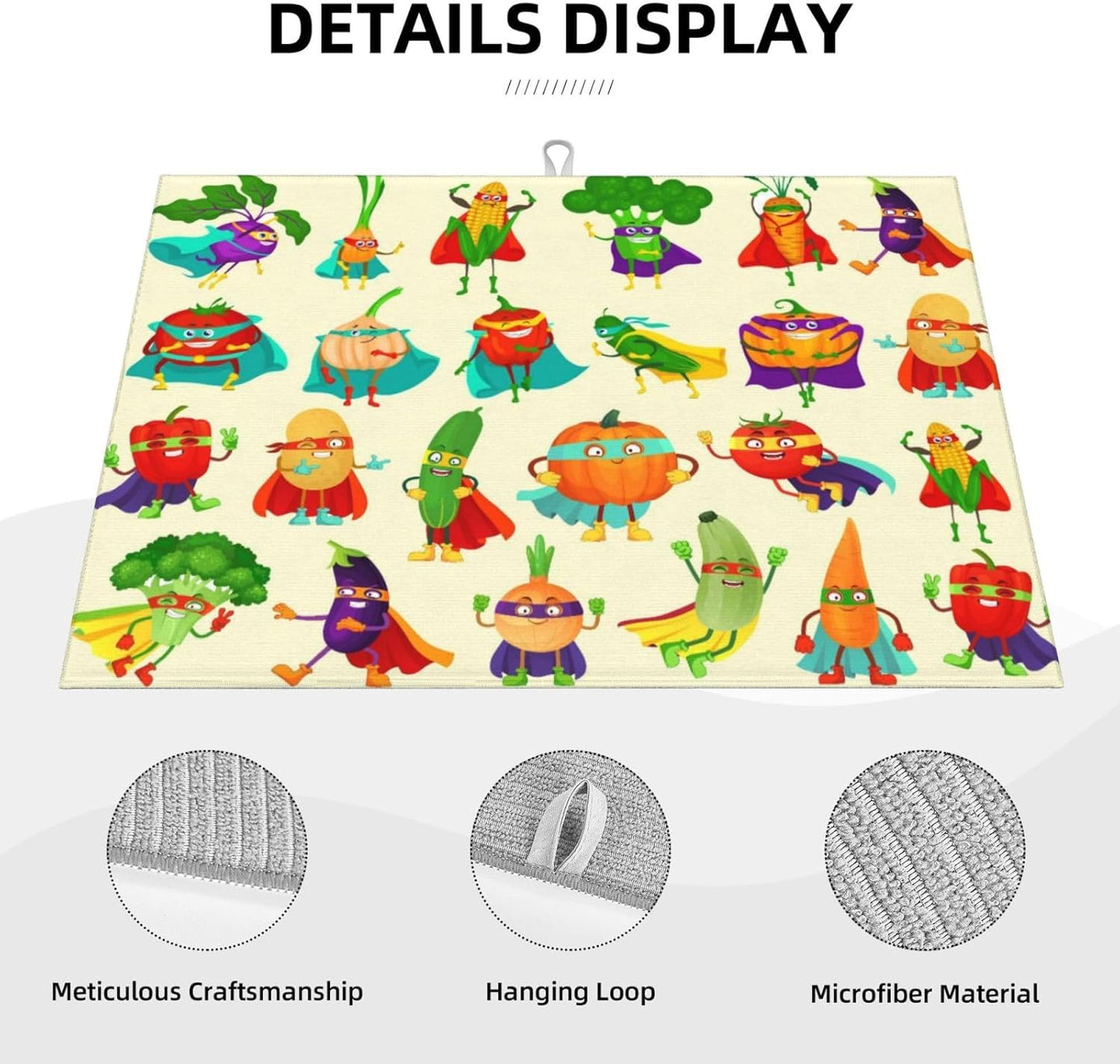 Colorful Cartoon Vegetable Dish Drying Mats, 18 x 24 inch Absorbent Microfiber Decorative Kitchen Counter Mats, Polyester, Washable, Absorption, Foldable, for Sink, Dishes Utensils, Small Appliances