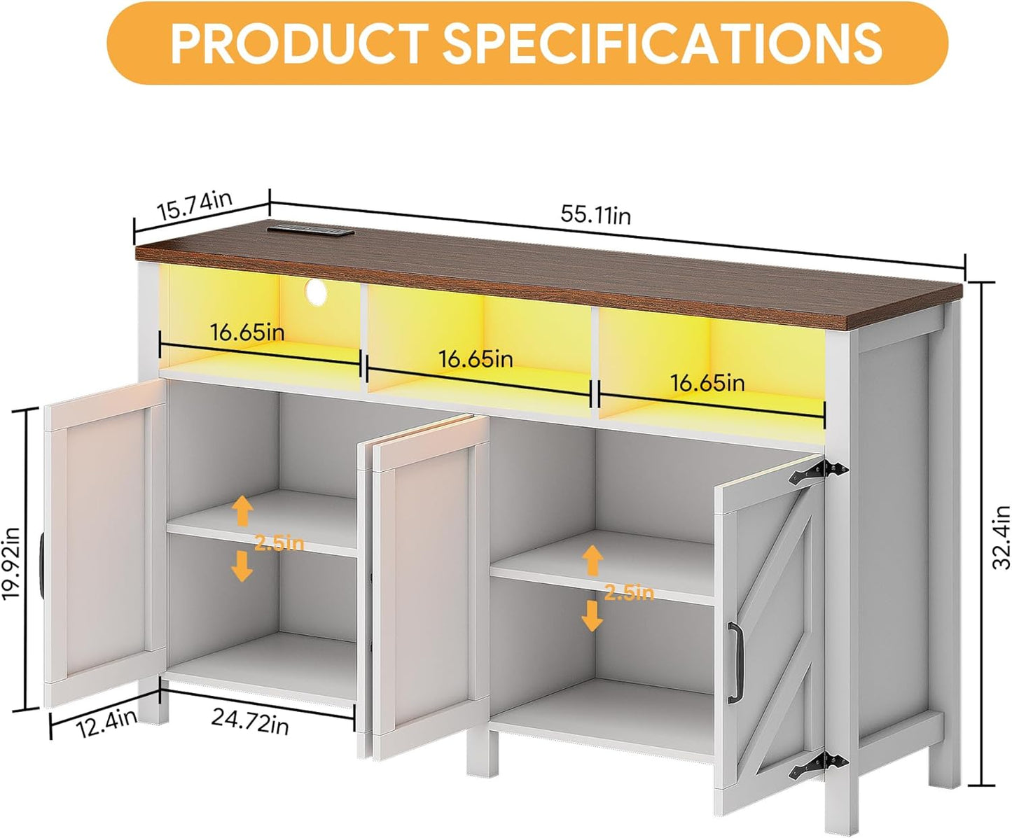Buffet Sideboard with Storage with Power Outlets & LED Light 4 Doors, 55'' Large Farmhouse Kitchen Storage Cabinet Wood Coffee Bar Cabinet Buffet Table for Kitchen, Dining Room, Entryway