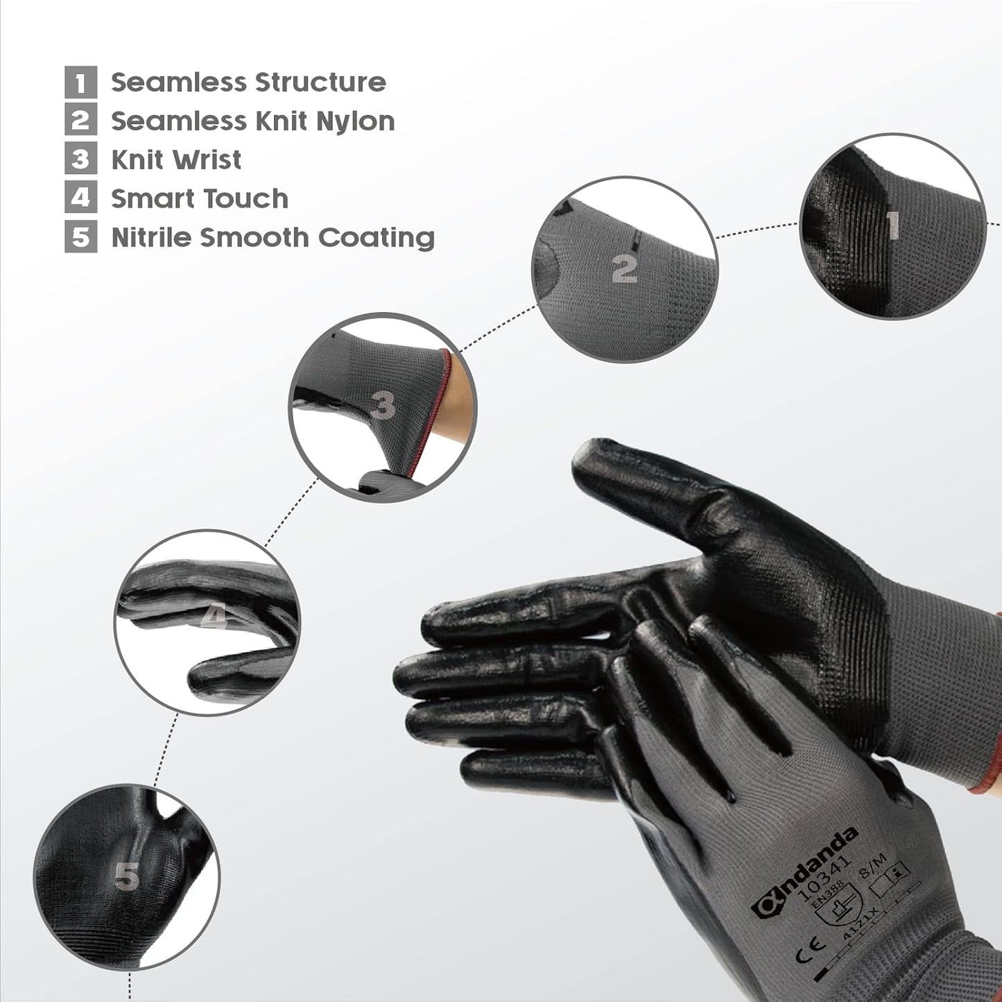 ANDANDA Smart Touch Work Gloves - 12 Pairs, 3D Comfort Stretch Fit, Nitrile Coated with Grip, Seamless Knit Nylon, Suitable for Warehousing, Logistics, Handling, Black (XL)