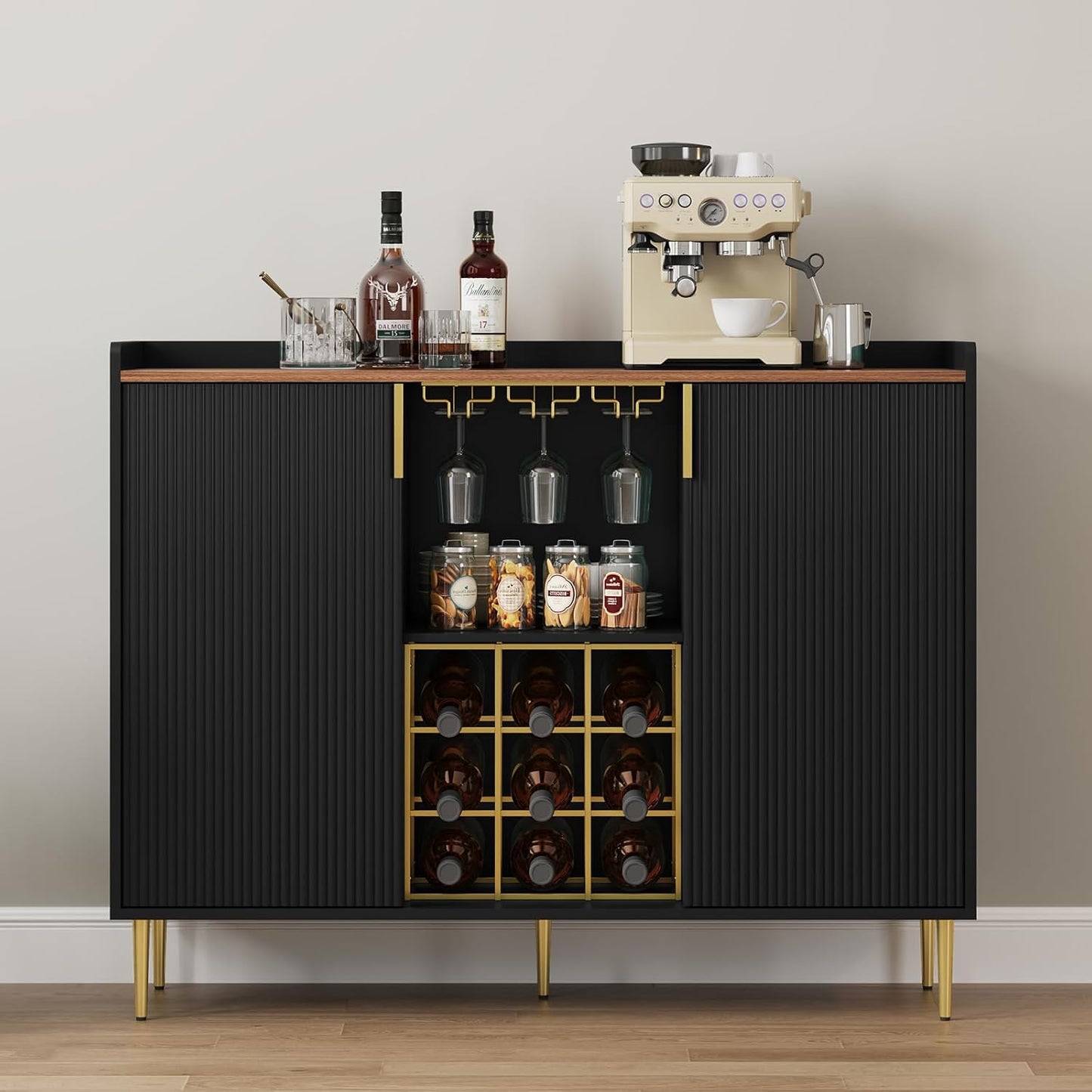 ARTPOWER 48" Wine Bar Cabinet with Fluted Texture, Modern Buffet Sideboard with Wine Rack and Glass Holder, Liquor Coffee Station with Storage for Kitchen, Living Room, Home Bar, Black