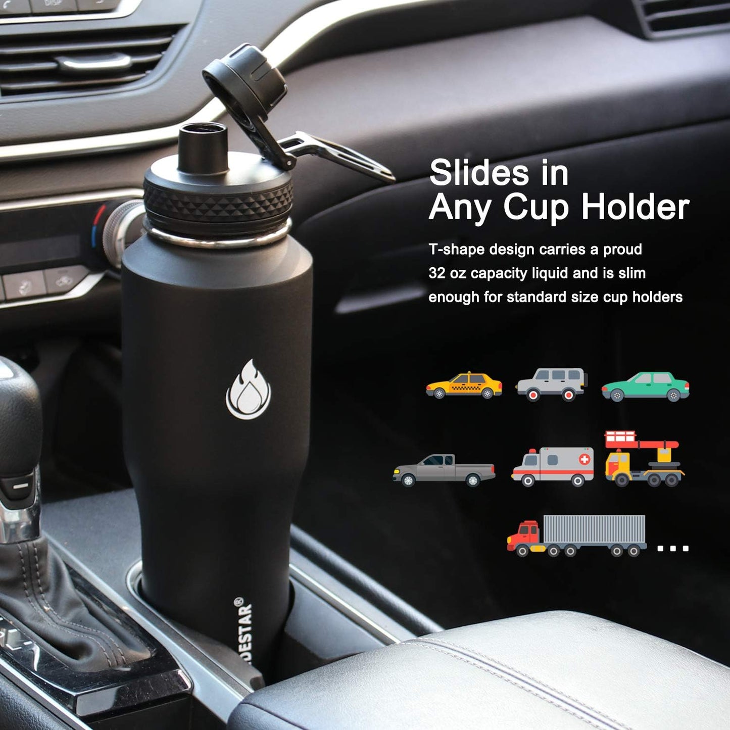 SENDESTAR Water Bottle 32oz,2 Lids(Straw lid),Wide Mouth Stainless Steel Vacuum Insulated Double Wall Keep Liquids Cold or Hot All Day,Sweat Proof Sport Design,Fit Car Cup Holder(Black)