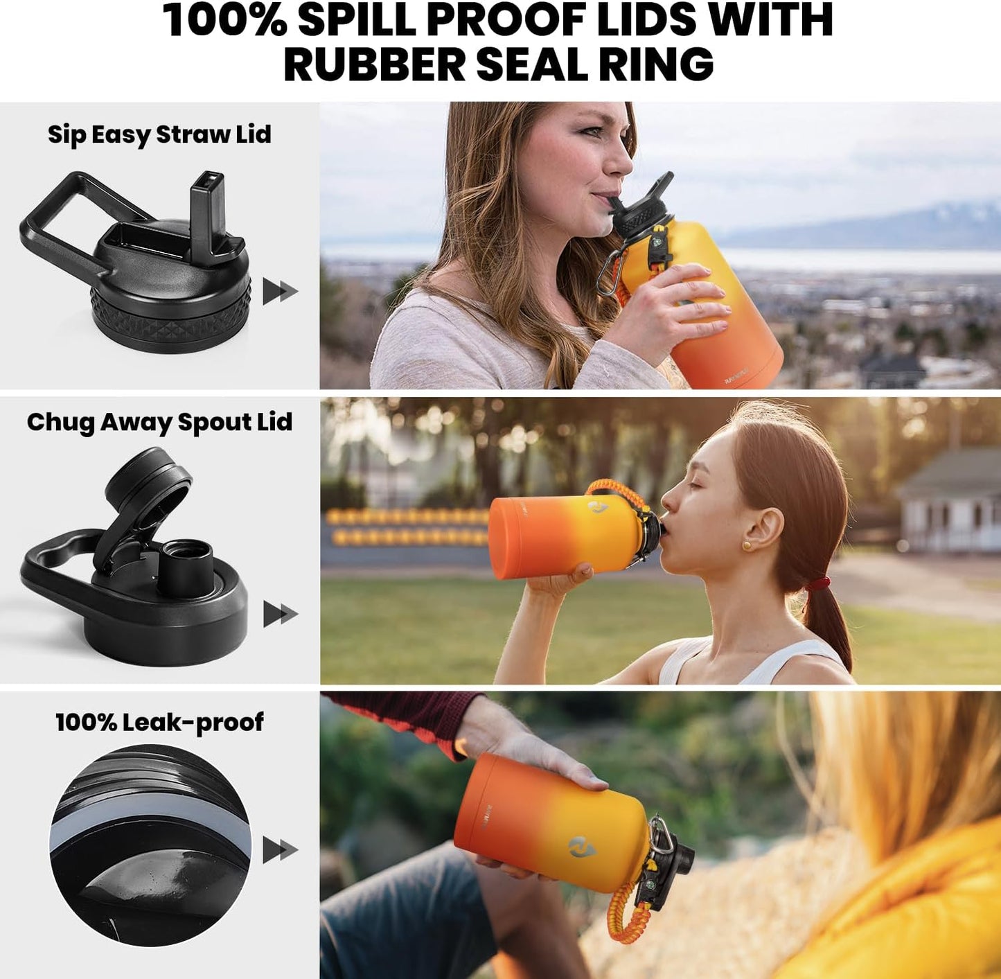 Insulated Water Bottle 64 oz, Triple Wall Vacuum Stainless Steel (Cold for 48 Hrs), Leak Proof & Non-BPA, Half Gallon Water Flask Jug with Paracord Handle & Straw Spout Lids, Ombre Orange