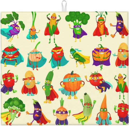 Vegetable Superhero Cartoon Dish Drying Mats for Kitchen Counter, Absorbent Microfiber Cute Drying Pad for Dishes, Decorative Kids Kitchen Mat for Sink, Dishes Utensils, Dining Area, 16" x 18"