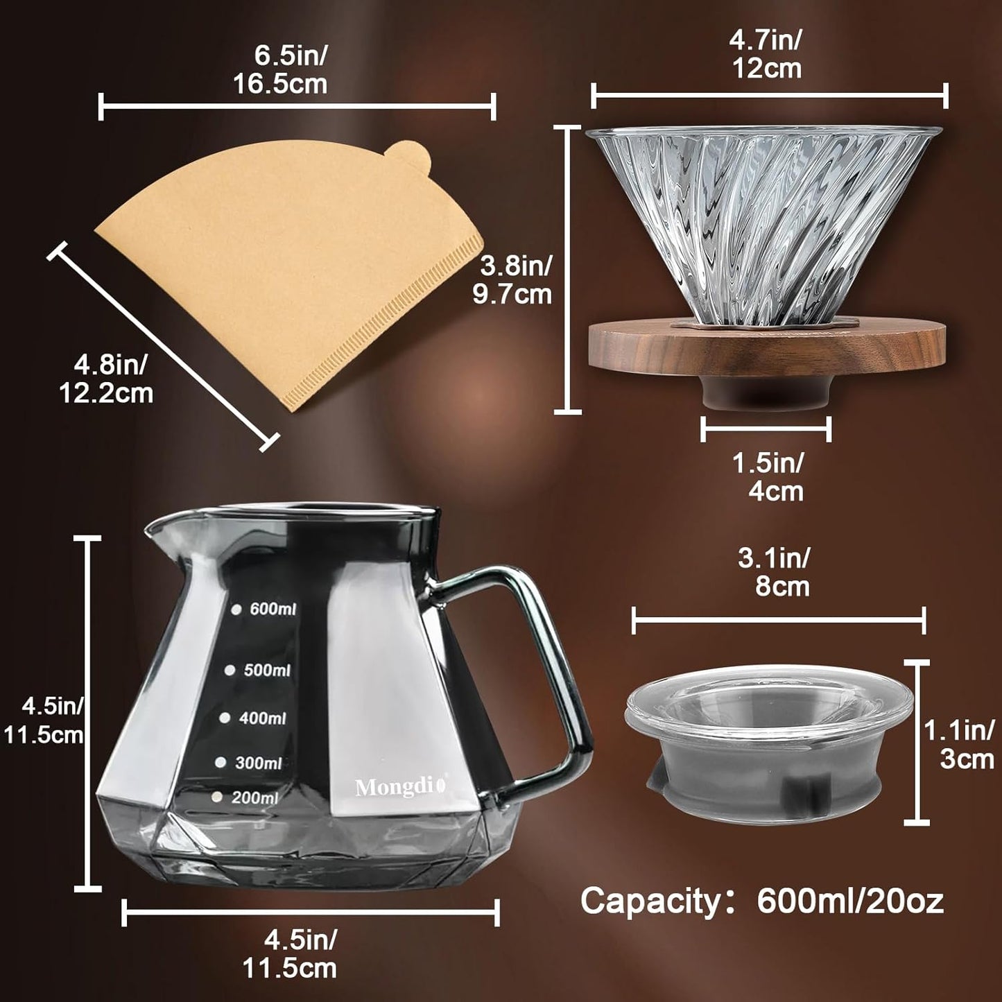 Mongdio Pour Over Coffee Maker, 20 oz High-Heat Borosilicate Glass Coffee Maker with 100pcs V60 Paper Filters, Walnut Handle & Glass Lid, Drip Coffee Maker Set for Home Café Restaurant - 600ml, Gray