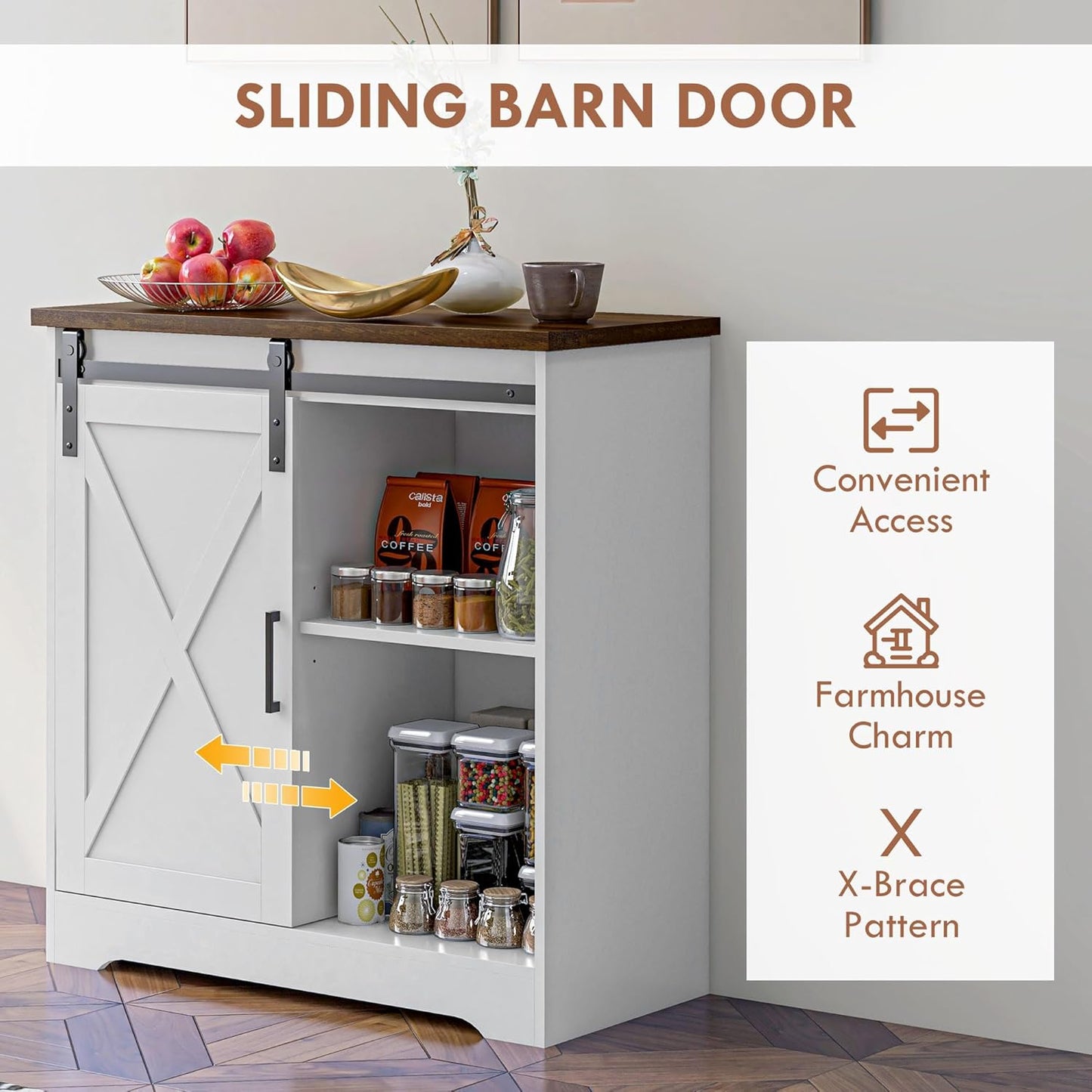 HOMCOM Farmhouse Coffee Bar Cabinet, 33" Buffet Sideboard with Sliding Barn Door and Adjustable Shelf, Kitchen Buffet Cabinet, White