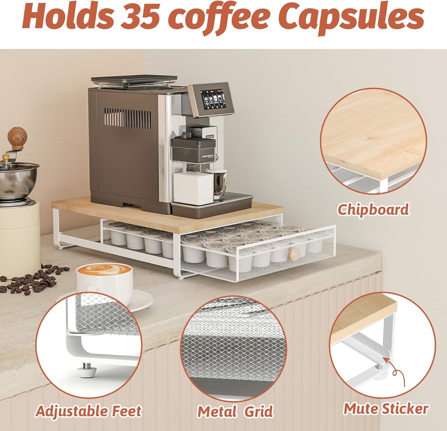 K Cup Organizer, Coffee Pod Holder Drawer, Under Brewer Storage Organizer with Sliding Drawer holds up to 35 K Cup Pods, No Assembly Needed, Natural colour