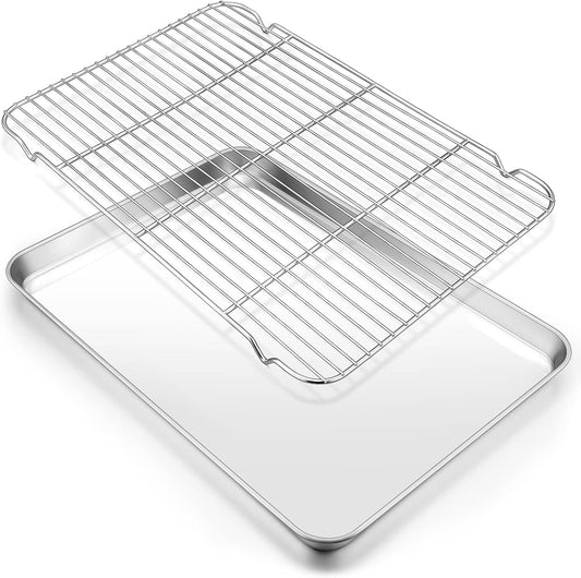 Large Baking Sheet with Rack Set, E-far 20”x14” Stainless Steel Cookie Sheet Pan for Oven Cooking Roasting, Rimmed Metal Tray with Wire Cooling Rack for Bacon Meat Steak - Dishwasher Safe