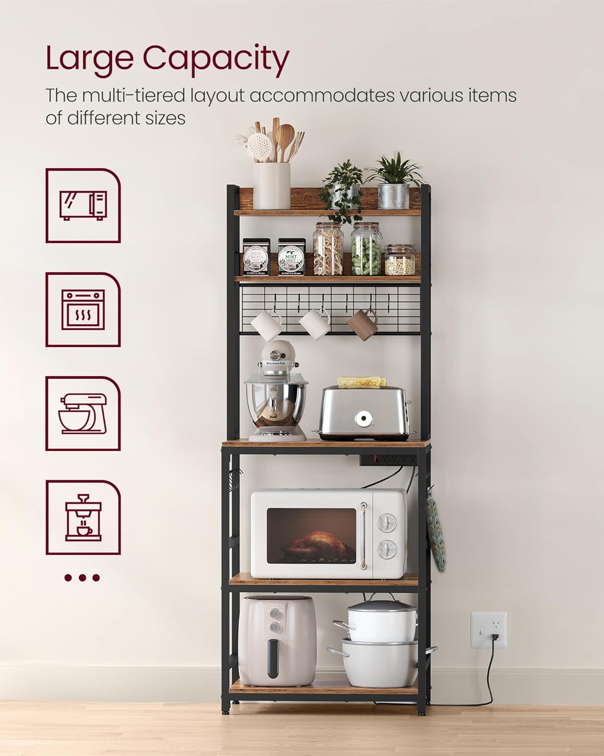 VASAGLE Hutch Bakers Rack with Power Outlet, 14 Hooks Microwave Stand, Adjustable Coffee Bar with Metal Wire Panel, Kitchen Storage Shelf, 15.7 x 23.6 x 66.9 Inches, Rustic Brown and Black UKKS037B01