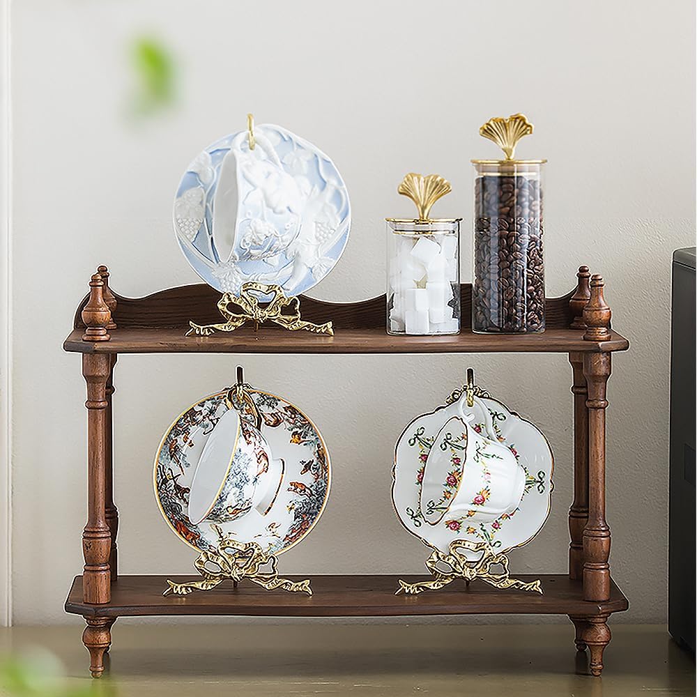 1Pcs Brass Teacup and Saucer Display Stand,Teacup Holder Stand for Display,Antique Coffee Cup Mug Holder for one Cup, Gold. (Small)