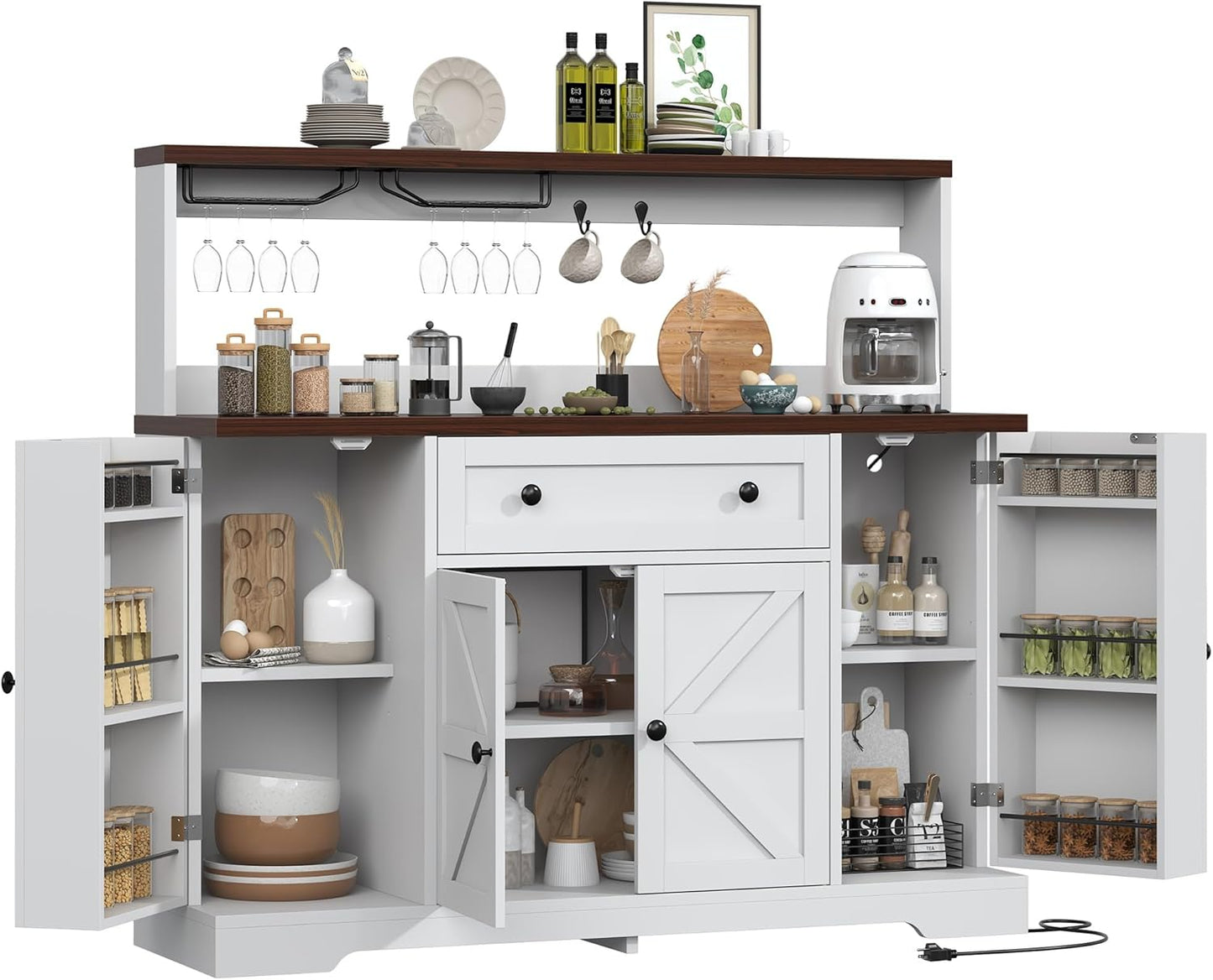Hutch Storage Buffet Cabinet with Drawers, and Charging Station, Coffee Bar Cabinet with Barn Doors, Wine Rack and Hooks, White Wood Sideboard Buffet for Kitchen, Dining Room, 47.8" High
