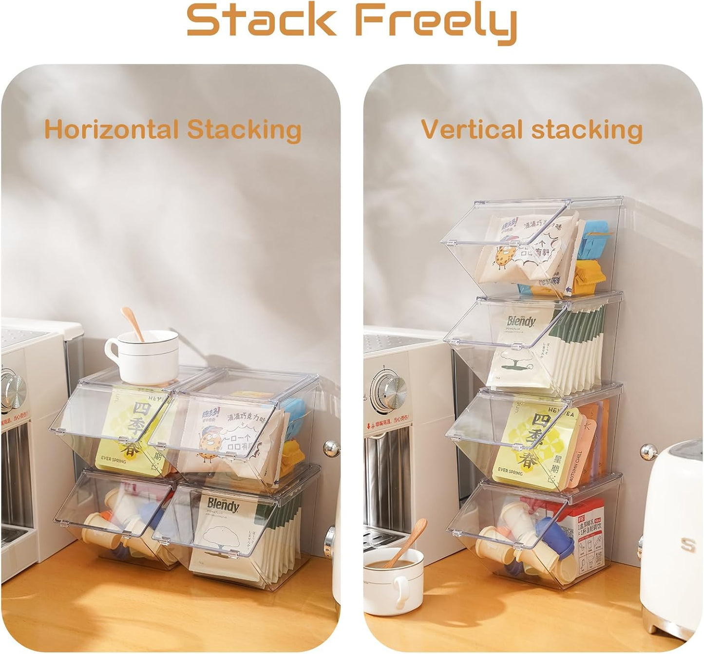 Stackable Tea-Bag Holder Organizer - Box Storage Organizer, Clear Coffee and Tea Organizer for Counter Tops, Kitchen Cabinets, Pantry, 2 Pack