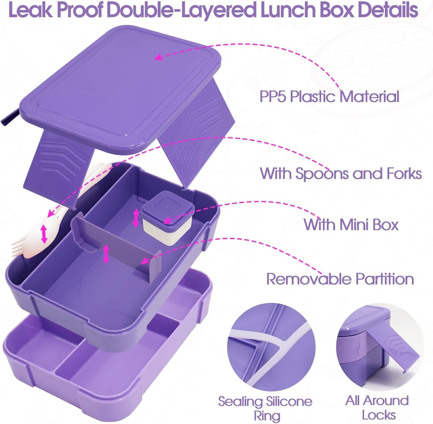 Preppy Lunch Box for Girls with 10oz Thermo, with 6 Compartment Bento Box, Purple Nylon Insulated Lunch Bag Adjustable Strap for Girl Kids Teens School Travel Picnic