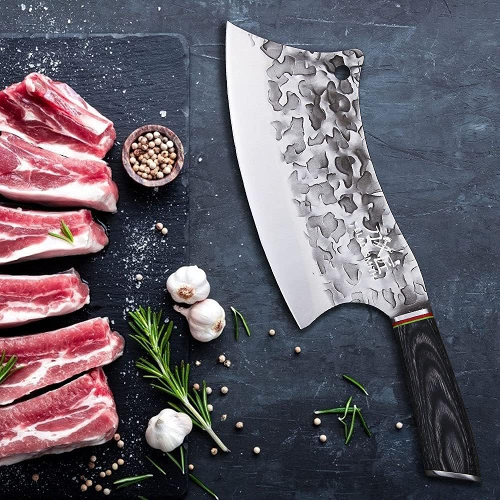 BLADESMITH Butcher Knife 8“, Forged Meat Cleaver Kitchen Knives, Curved High Carbon Steel Blade, PakaWood Handle, for Slicing and Cutting