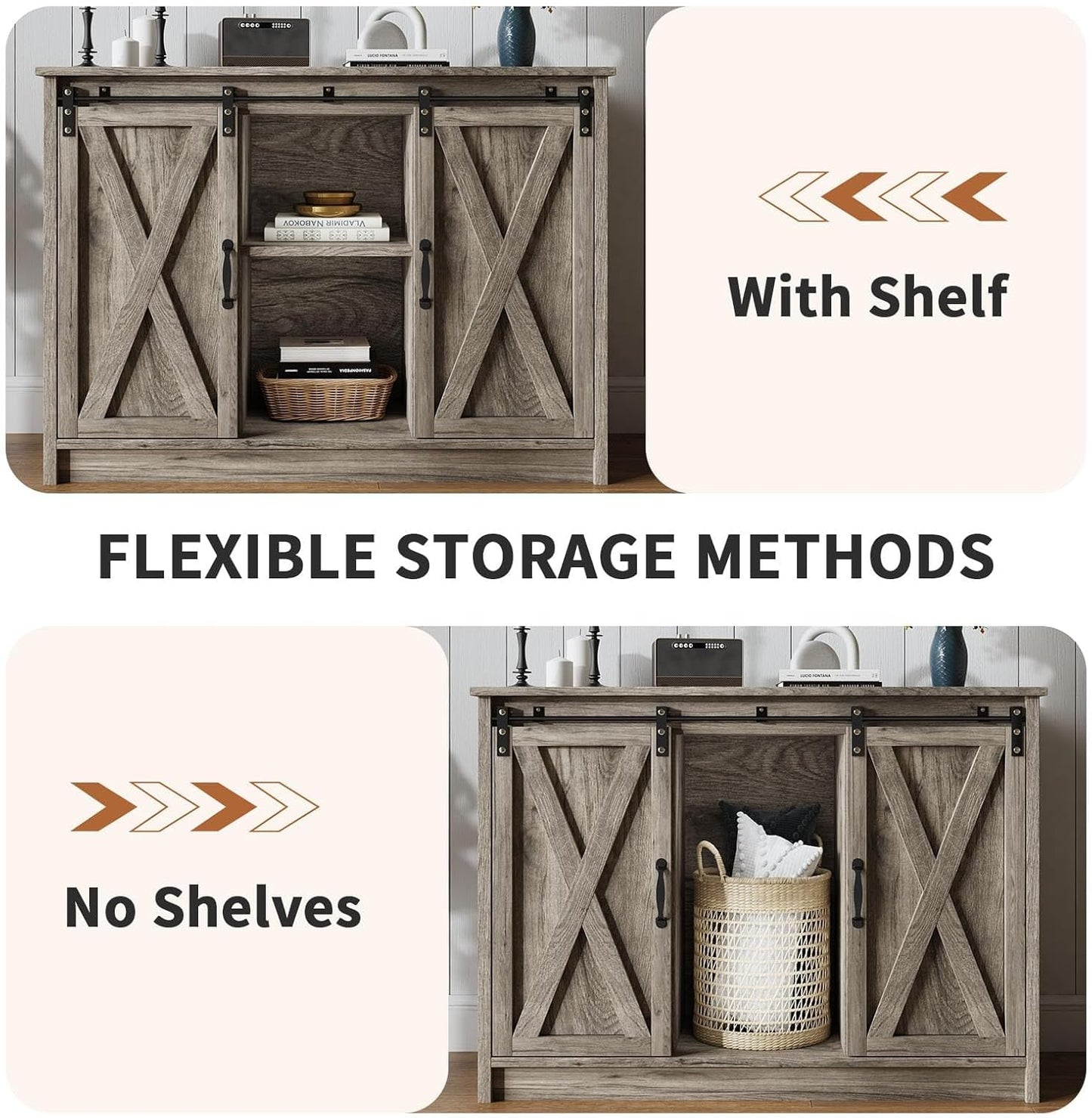 4 EVER WINNER Farmhouse Coffee Bar Cabinet with Sliding Barn Door, 42” Coffee Bar Table with Adjustable Shelves, Buffet Cabinet with Storage for Kitchen Living Dining Room, Wash Grey