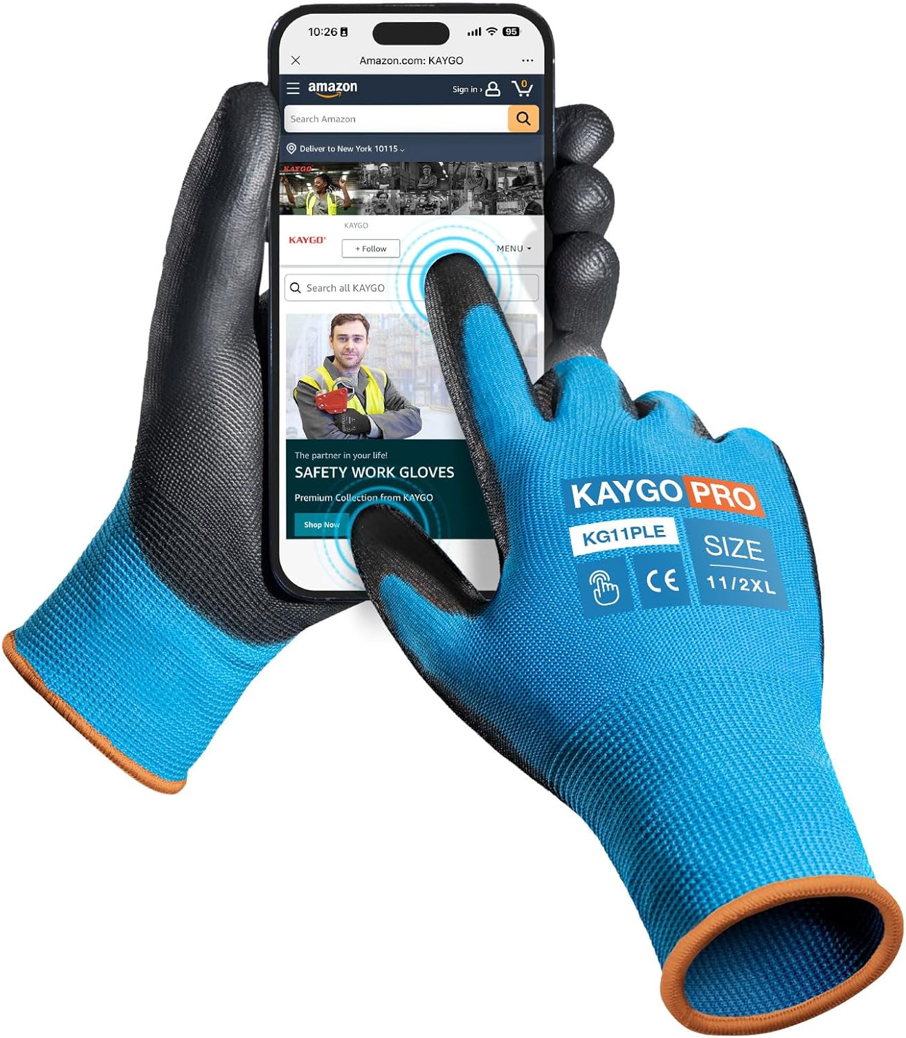 KAYGO Safety Work Gloves PU Coated for Men and Women- KG11PB,12 Pairs,Seamless Knit Glove with Two Fingers Touchscreen,Ideal for General Duty Work (2X-Large,Blue)