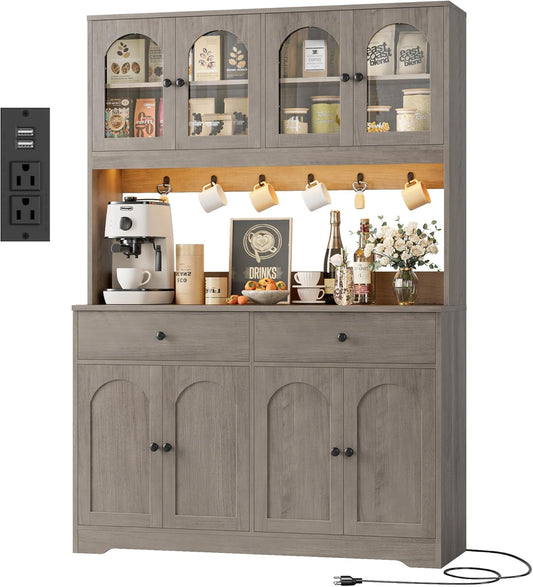 HIFIT 71" LED Kitchen Pantry Cabinet with Power Outlet, Large Kitchen Hutch Storage Cabinet with Arched Door, Shelves, 2 Drawer, Tall Farmhouse Coffee Bar w/Hutch for Home Dining Living Room, Ash Grey