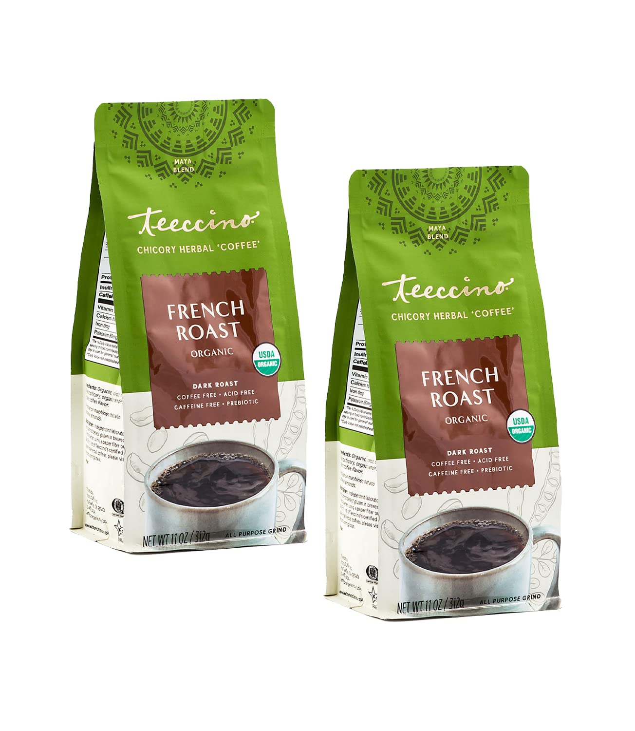 Teeccino Chicory Coffee Alternative – Organic French Roast – Herbal Coffee | Ground Coffee Substitute | Prebiotic | Caffeine Free | Acid Free, 11 Ounce (Pack of 2)