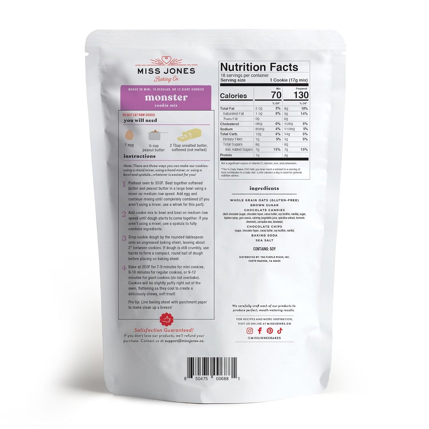 Miss Jones Baking Gluten-Free Monster Cookie Mix - Certified Gluten Free & Made with 100% Oats, Easy To Bake Desserts & Treats, Artificial Colors, 10.57 Ounce (Pack of 6)