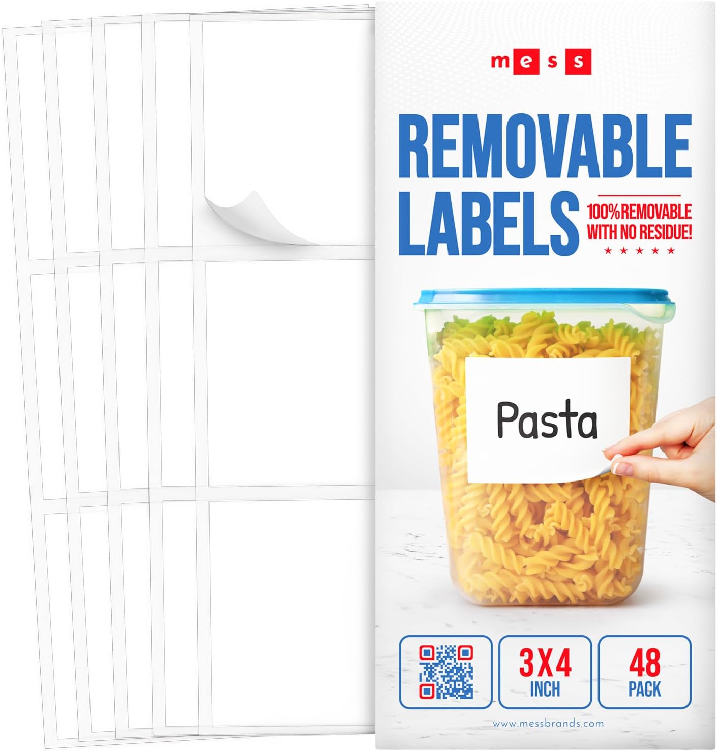 MESS Removable Food Labels for Containers (48-Pack) 3x4" Erasable Kitchen Labels for Organizing, Freezer & Fridge, White Dry Erase Labels for Jars