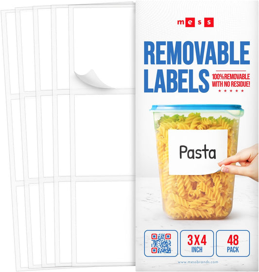 MESS Removable Food Labels for Containers (48-Pack) 3x4" Erasable Kitchen Labels for Organizing, Freezer & Fridge, White Dry Erase Labels for Jars