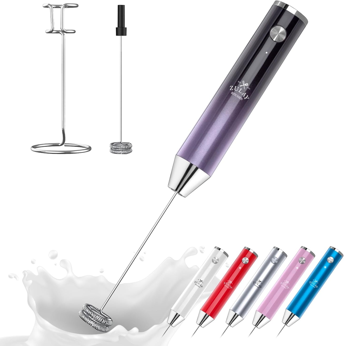 Zulay Kitchen Lux Rechargeable Milk Frother Handheld - Powerful 2-Speed Motor, Fully Waterproof, 2000mAh Battery - Drink Mixer For Latte, Cappuccino, Matcha, Protein Powder - Galaxy